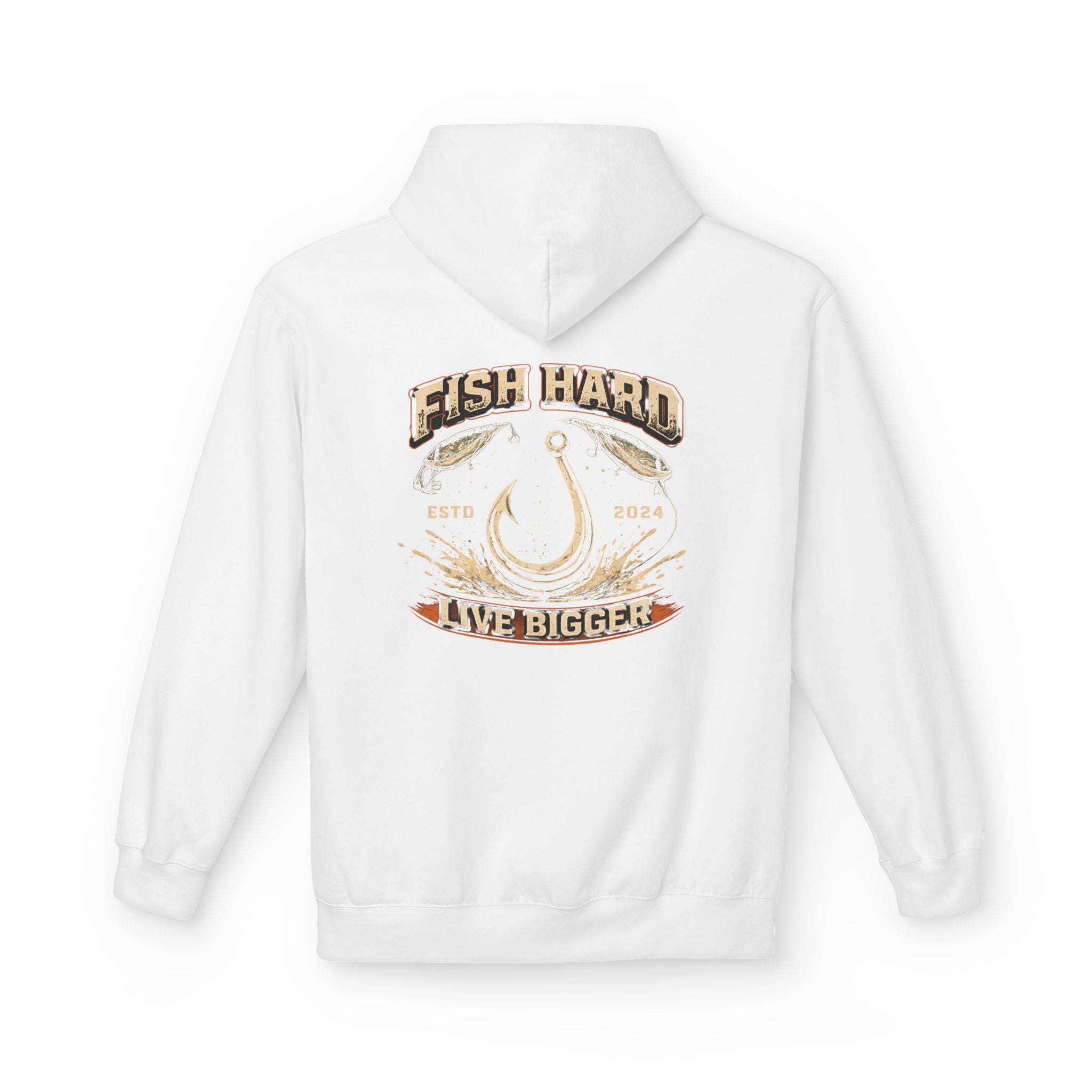 Fishing Hoodie — "Fish Hard, Live Bigger" Hook Graphic