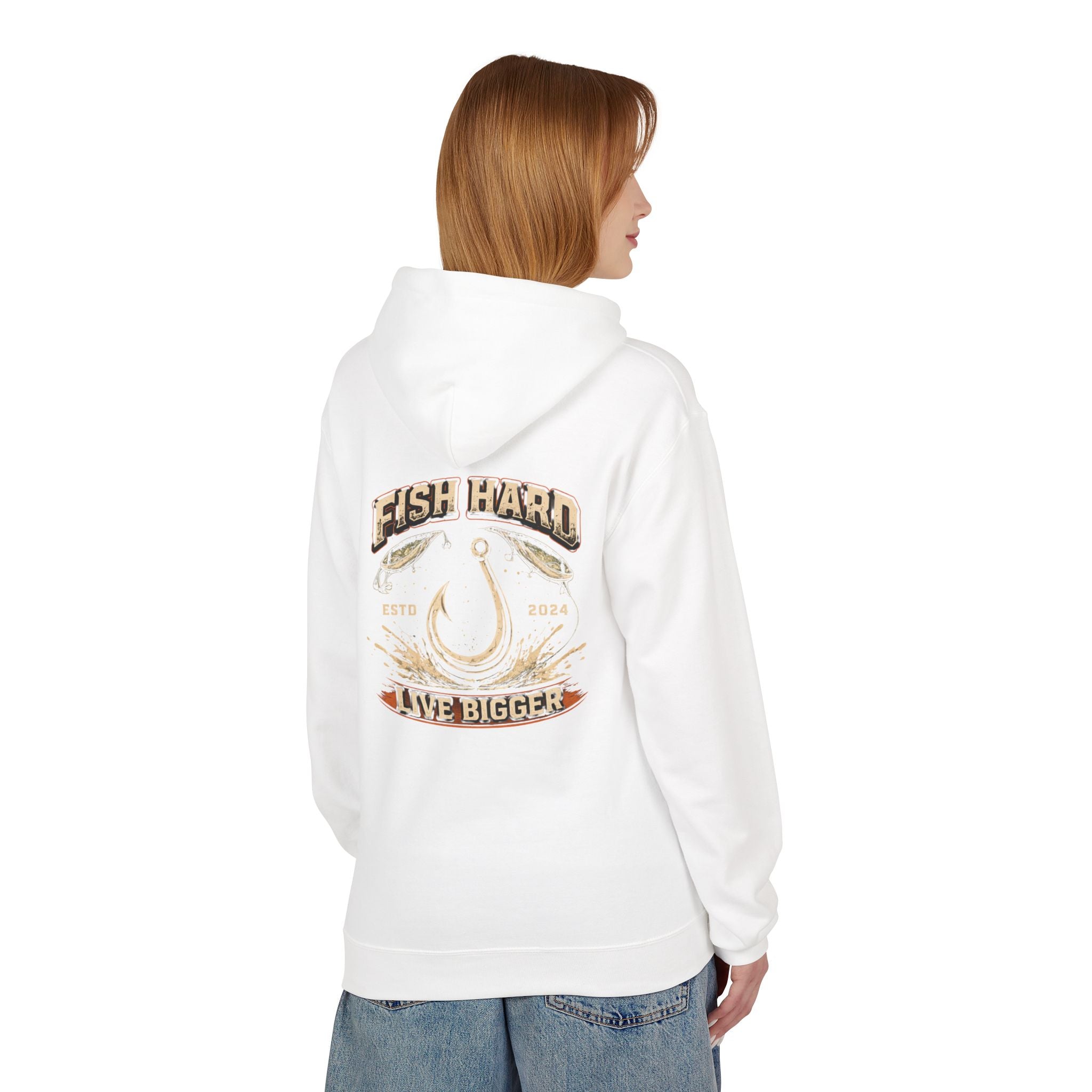 Fishing Hoodie — "Fish Hard, Live Bigger" Hook Graphic